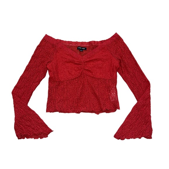 silence + noise Tops - Red Lace Off Shoulder Flare Sleeve Top Y2K Whimsigoth Large orange Fairycore